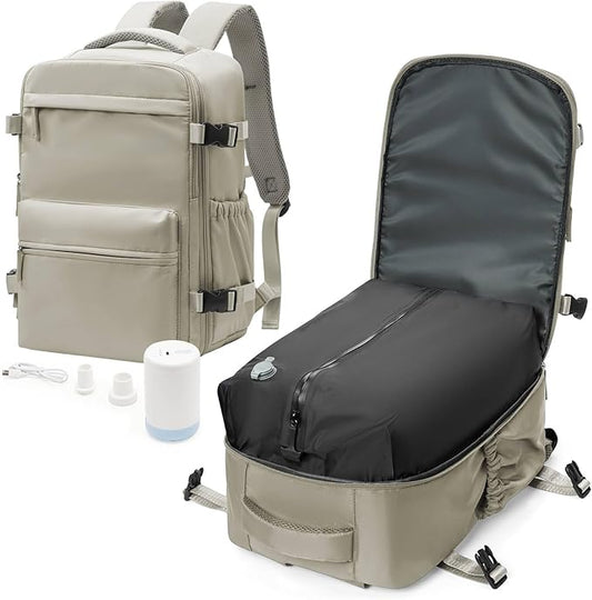 Vacuum Travel Backpack with Pump for Women, Personal Item Carry on Backpacks Flight Approved 18x14x8 inches for Men,Laptop Waterproof Work Compression bags Casual Daypack GreyBrown.