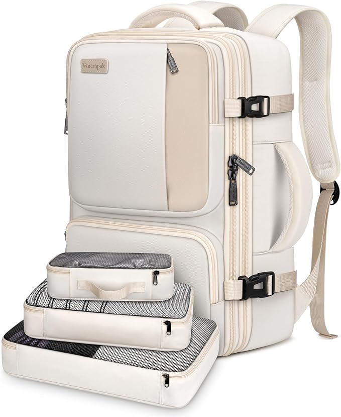 Vancropak Expandable Carry on Backpack for Airplanes, TSA Personal Item Airline Approved 40L Travel Backpack for Women, Lightweight Weekender Overnight Luggage Daypack Suitcase, Travelers Gifts, Beige
