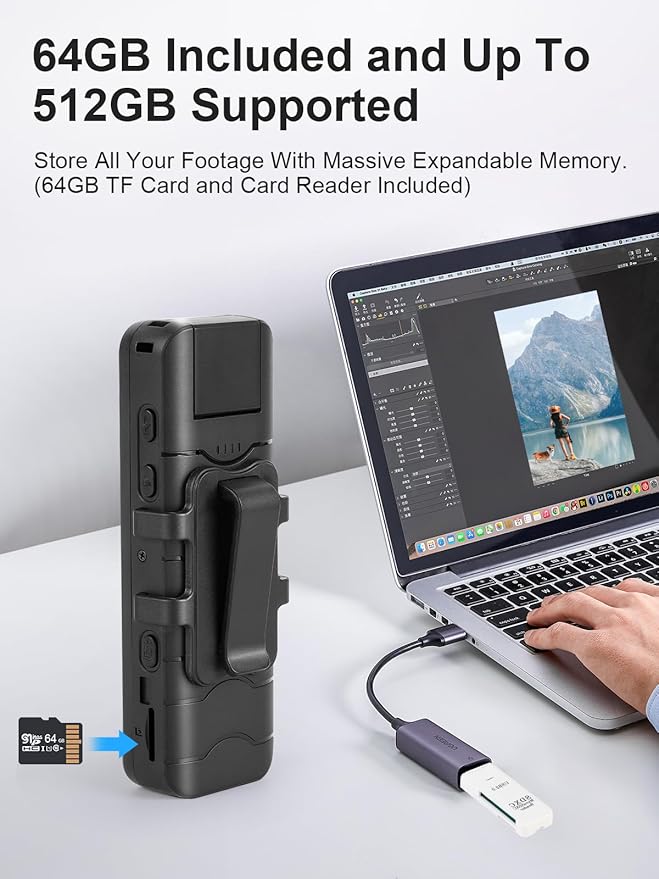 SPIKECAM Computer-Free Body Cameras with Audio and Video Recording, 6 Hrs 1080P Personal Small Bodycam with Photo, Night Vision, SOS Sound, Wearable Body Cam for Security, Running, Biking 128G