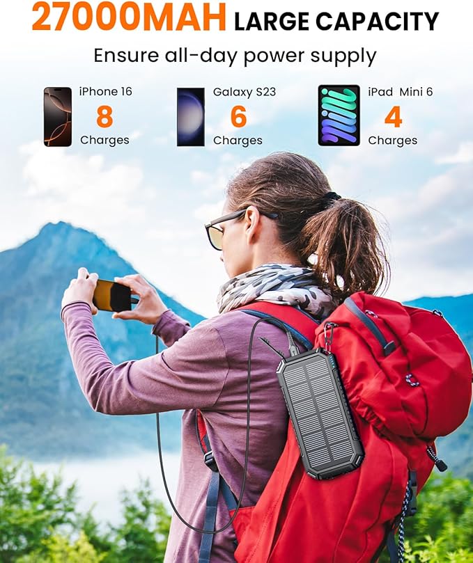 Riapow Solar Charger Power Bank - 27000mAh/99000mWh Wireless Portable Charger Built in 2 Cables - 22.5W Fast Charging Battery Bank with USB C in/Output - PD QC 3.0 Battery Pack Flashlight for Outdoor