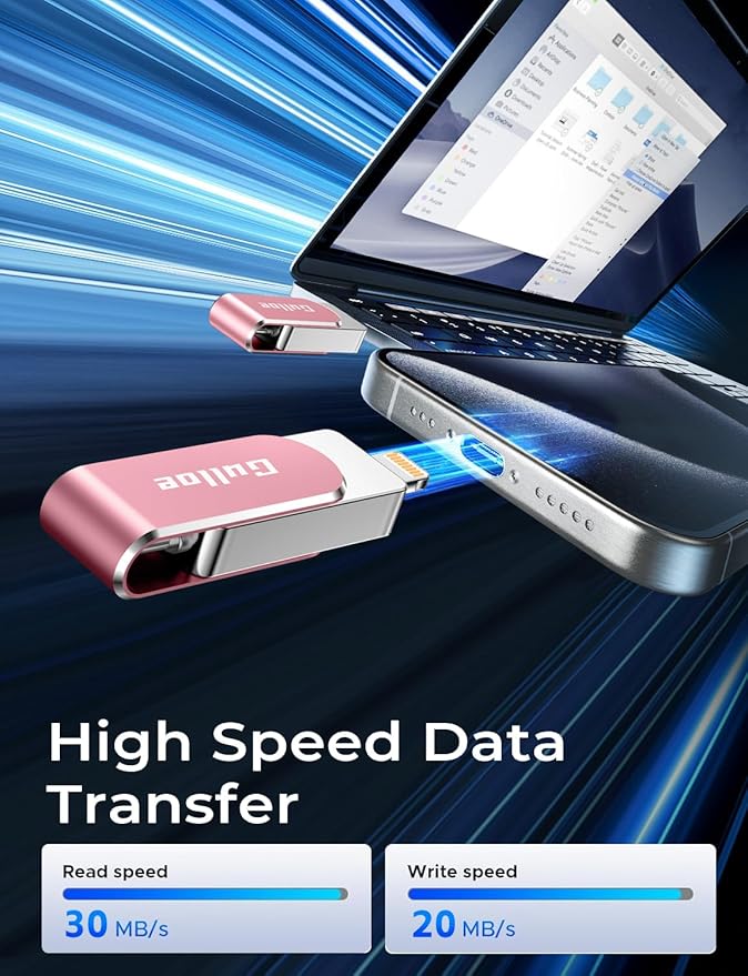 Gulloe 256GB Flash Drive Intended for iPhone, Memory Stick Storage for Photos and Videos Backup, Compatible with iPhone iPad Android PC, Plug and Play, No Application Required (Pink)