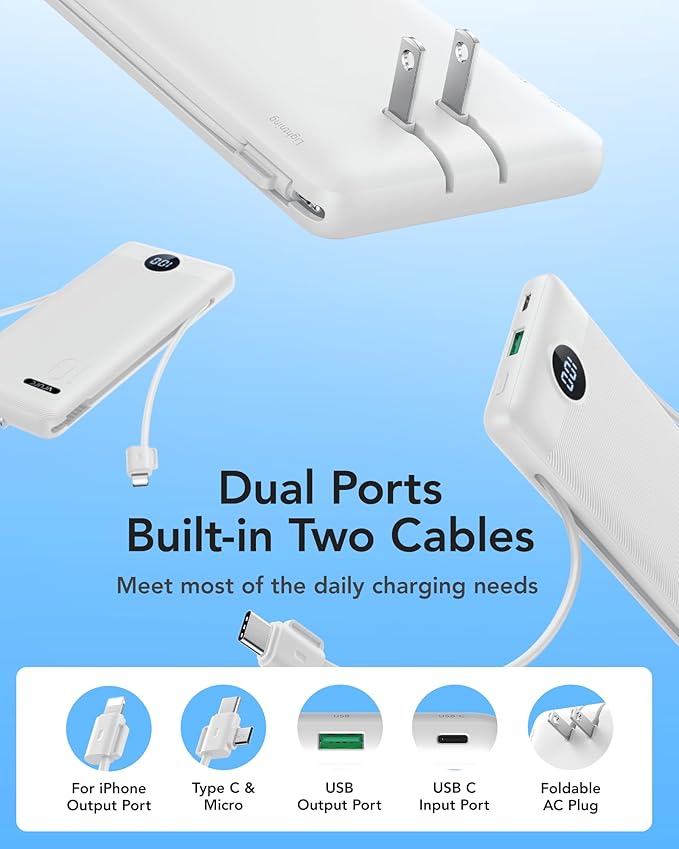 VRURC Portable Charger with Wall Plug, 10000mAh Slim Portable Charger Built in Cables,PD 20W Fast Charging Power Bank with Cords,USB C Portable Phone Charger Travel Accessories -White(1 Pack)