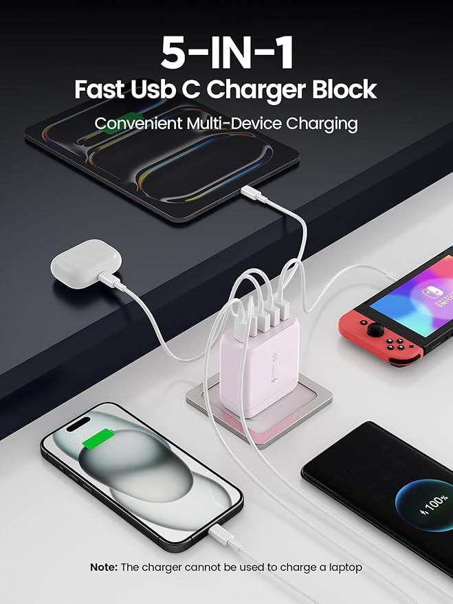 USB C Charger Block, [2-Pack] Type C Charger Fast Charging,50W 5-Port USB Wall Charger Multiport Type C Charging Block Cube for iPhone 17/16/15/14/13/12/11 Pro Max XS,iPad,Samsung&More-Pink