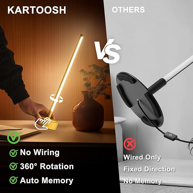 Cordless LED Table Lamp, Battery Operated Portable Desk Lamp,Dimmable/3 Color/Memory Function,Modern Rechargeable Table Light for Living Room,Bedroom,Bedside,Gold