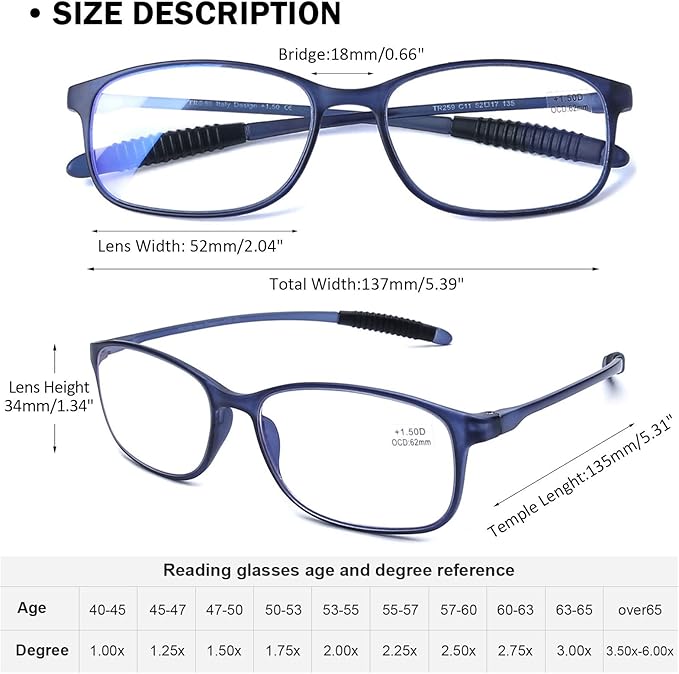 AQWANO Flexible Reading Glasses Men Women Computer Blue Light Blocking, Durable Lightweight TR90 Frame Comfort Readers Glasses, 3.0