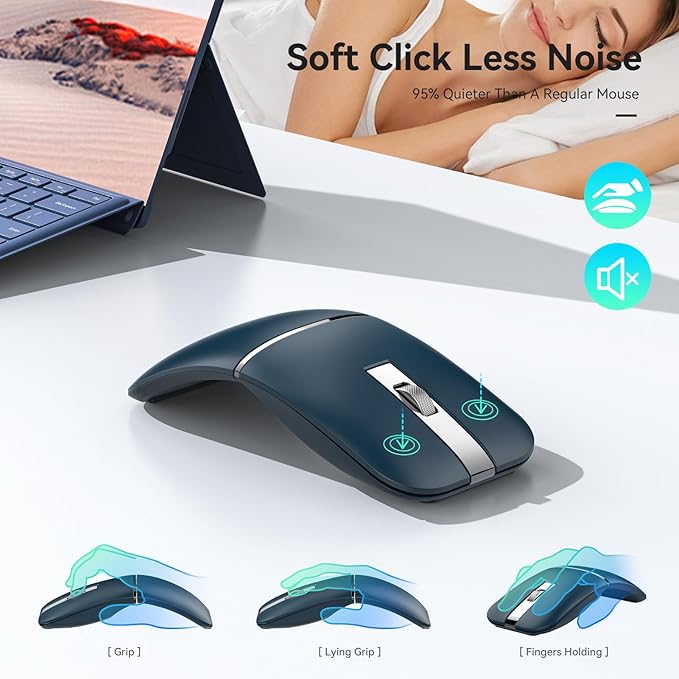 Foldable Bluetooth Travel Mouse - Rotatable Wireless, 2.4G Rechargeable Mouse with USB Receiver, Compatible with Computer, Laptop, Notebook, PC (Blue)