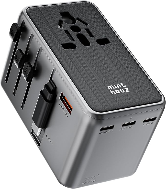 Minthouz Universal Travel Adapter, International 70W Power Adapter GaN Fast Charger with 3 USB-C PD, 1 USB-C Cable & A Ports, All-in-One Portable AC Power Plug Adapter for USA EU UK AUS