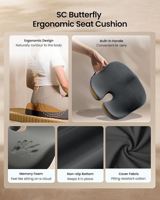 ProtoArc Seat Cushion, Office Chair Cushion for Sciatica, Coccyx Cushion, Ergonomic Memory Foam Seat Cushion for Car, Home, Pressure Relief Pad for Hip, Tailbone, All Day Comfort - Black&Gray