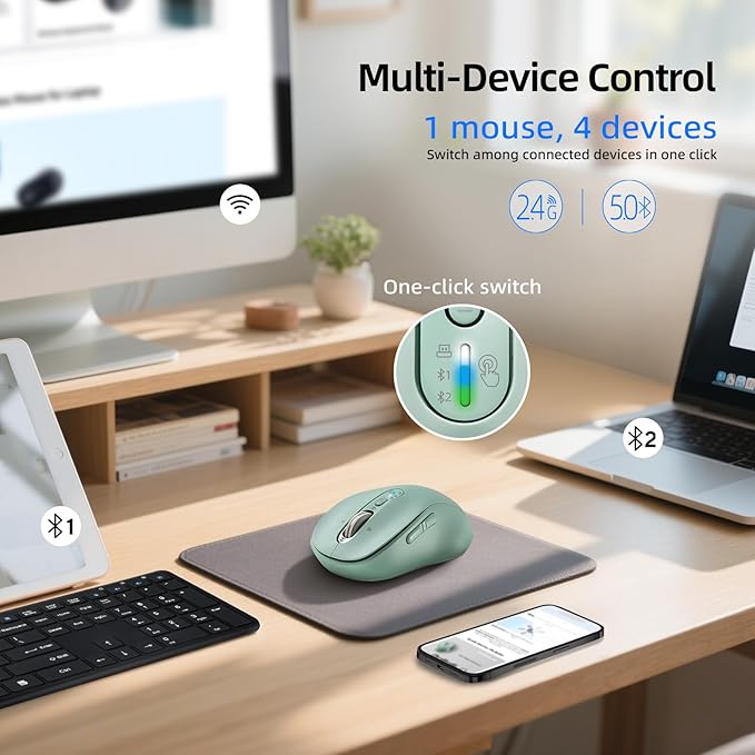Wireless Bluetooth Mouse for Laptop,USB+BT×2,Quiet Ergo Computer Mouses,Metal 4-Way Super Scrolling,± 3200 DPI,Rechargeable,10 Button,Plug&Play,Multi Device Cordless Mice for iPad,Tablet,Mac,PC(Green)