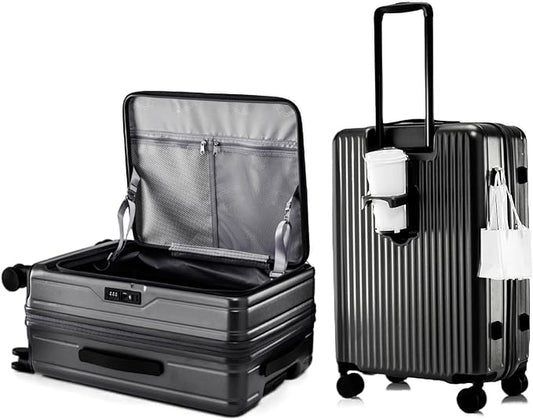 HotWay 26 Inch Expandable Checked Luggage with Cup Holder, Hardside TSA Approved Luggage with Spinner Wheels, Top Opening Suitcase For Travel, Black