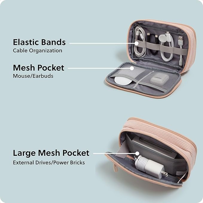 U Brands Dual Zip Corduroy Travel Electronics Organizer, Tech Carry Case, Portable Travel Bag, Cord Storage, 8" x 5.25" x 2.5", Dusty Rose Pink