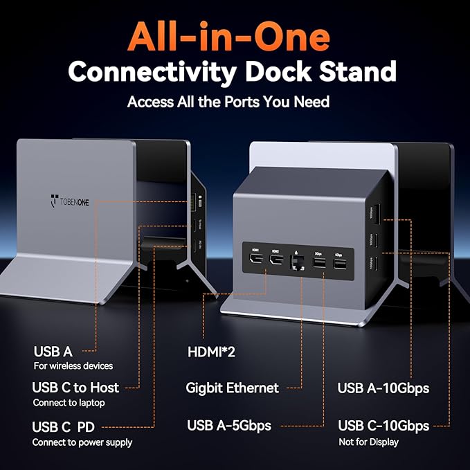 TobenONE Docking Station Dual Monitor Stand 4K@60Hz, 2 HDMI Ports, 100W Power Supply, PD 3.0, 6 USB, Ethernet, Laptop Stand Vertically, for Windows, ChromeOS, Desk Space Saving