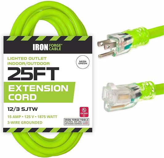Iron Forge Cable Weatherproof 25 Ft Outdoor Extension Cord - 12/3 SJTW 15 Amp Heavy Duty Light Green High Visibility Cable with 3 Prong - Lighted End