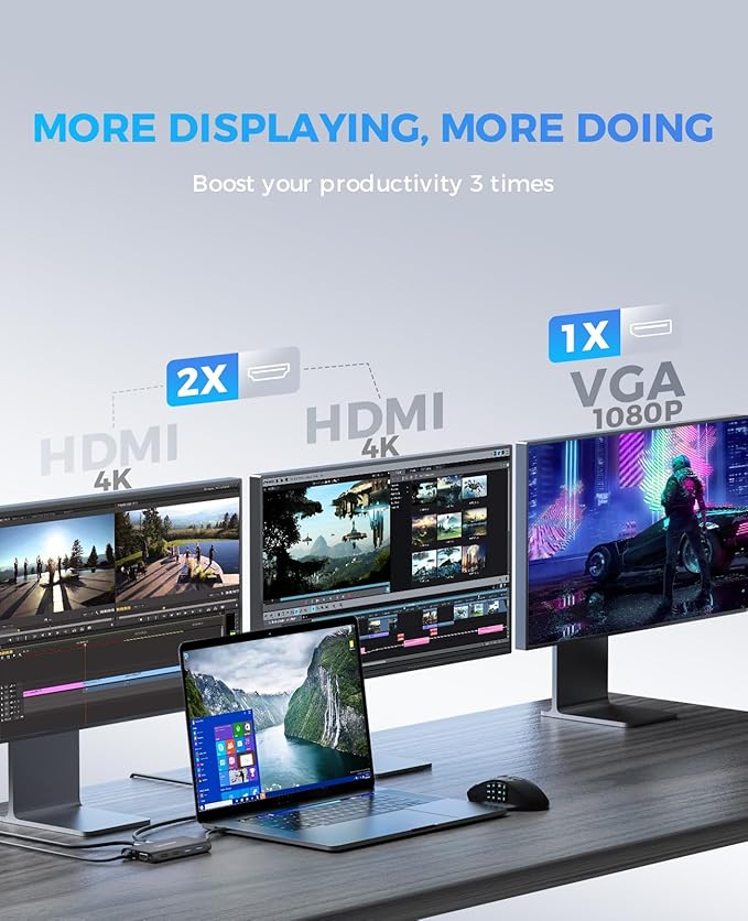 UtechSmart Triple Monitor USB-C Laptop Docking Station - 11-in-1 Dock with 2 HDMI, VGA, PD3.0, SD/TF Card Slot, 4 USB Ports - Compatible with MacBook & Windows (Black)