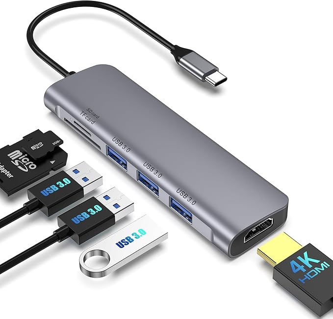 6 in 1 USB C Hub Multiport Adapter with 4K HDMI, 3 USB 3.0 Ports, SD/TF Card Reader, Portable USB C Docking Station Compatible for MacBook Pro/Air, iPad Pro, Chromebook, Dell XPS, HP, Surface