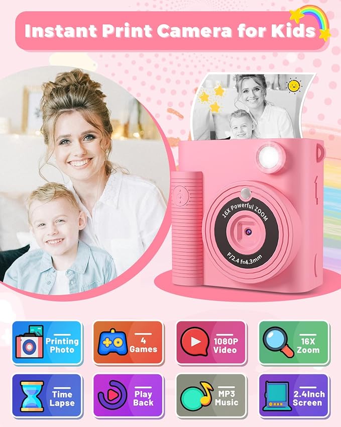 Kids Camera Instant Print, Christmas Birthday Gifts Girls Boys Aged 3-12, HD Digital Video Cameras Toddler, Instant Cameras for 3 4 5 6 7 8 9 10 Year Old Girls Boys with Print Paper