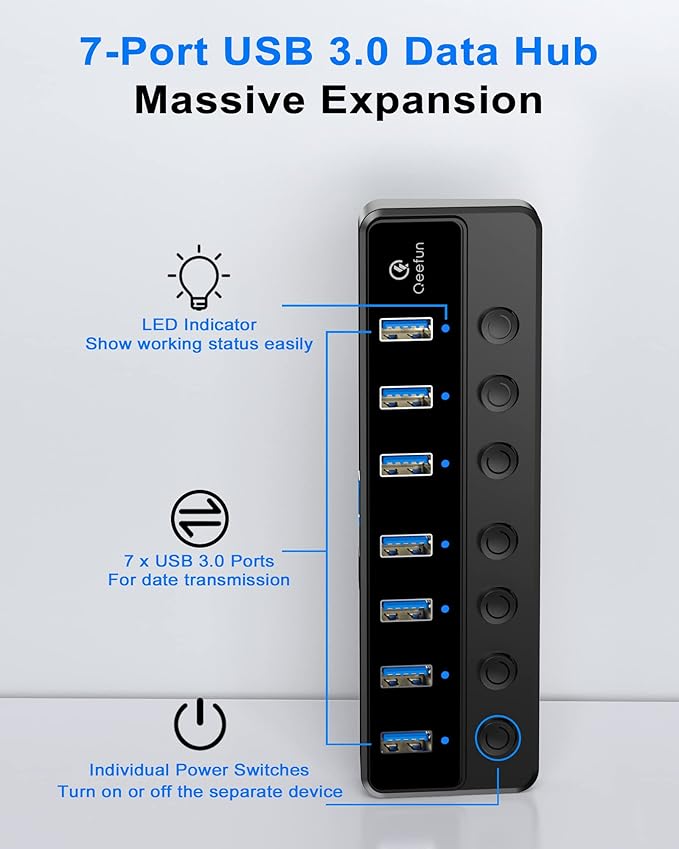 Qeefun Powered USB Hub, 7-Port USB 3.0 Data Extender with Individual LED On/Off Switches and 12V/2A Power Support Port, USB Splitter Expander for Laptop, Desktop PC, iMac and More