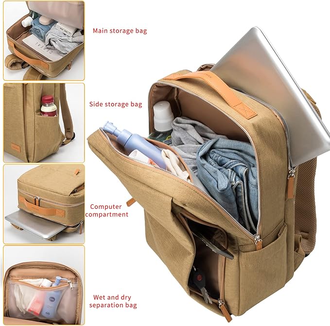 NOBLEMAN Travel Backpack Men Women, Business Computer Backpacks with Multi Compartment Storage Laptop Backpack, Water Resistent 15.6 Inch Laptop Work Business Backpack with USB Port for Nurse (Khaki)