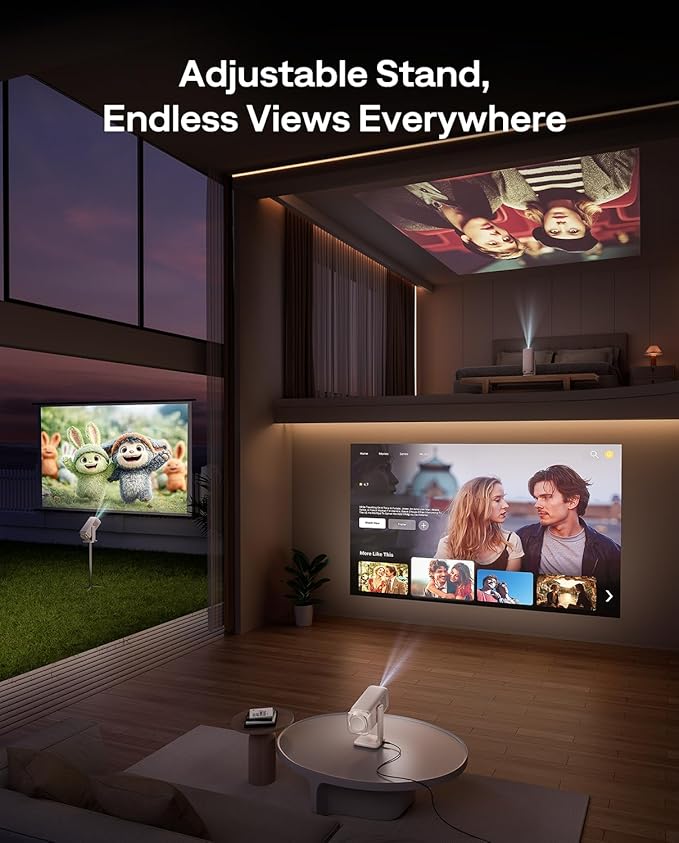 Aurzen BOOM Air Portable Google TV Projector with WiFi and Bluetooth, Smart Projector for Outdoor & Home Movie, USB-C Powered, 4K Supported, Real-Time Focus, Dolby Audio, Adjustable Stand, Off-White