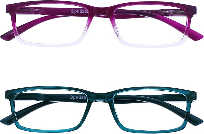 OPULIZE SEE Reading Glasses with Blue Light Blocking for Women and Men, Narrow Frame, Spring Hinges, Computer Gaming Glasses, Purple,Turquoise +3 (Pack of 2)