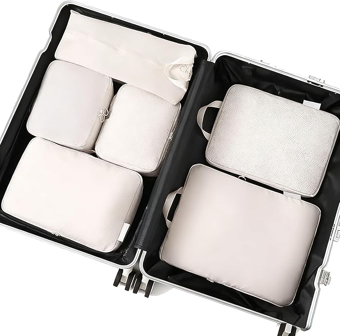 6-piece travel compression packaging cube - foldable travel bag expandable, luggage storage bag. (beige)