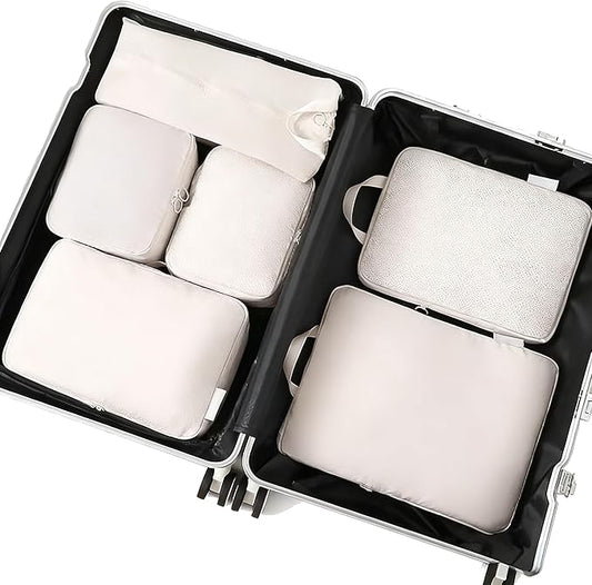 6-piece travel compression packaging cube - foldable travel bag expandable, luggage storage bag. (beige)