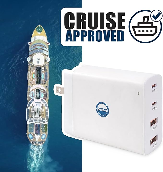 Cruise Approved Power Strip (Royal Caribbean, Disney & More) - Non Surge Charger [2 USB, 2 USB-C] 4-Port Charging Block w/Foldable Plug for iPhone, iPad, Laptops & More - Cruise Ship Essentials 2025