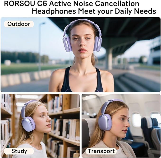 RORSOU C6 Active Noise Cancelling Headphones, Wireless Over Ear Bluetooth Headphones, 60H Playtime, Lightweight Folding Deep Bass Comfort Fit Ear Cups Headset with Mic for iPad/Travel/PC/Home Purple