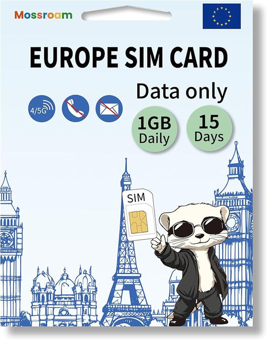 Data SIM Card for Europe Travel 15 Days 1GB Daily for Unlocked Phones,Easy Activation 4/5G High-Speed Communication, Coverage of All European Countries