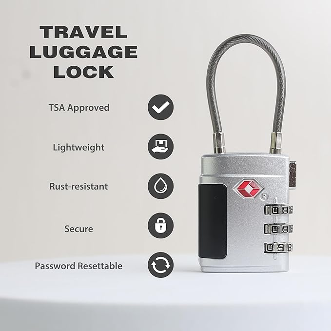 Luggage Locks TSA Approved 2 Pack, Small Combination Padlock, TSA Locks for Luggage, Combo Cabel Padlock for Travel Suitcase, Gym Locker, Gun Case, Ammo Can, Backpack Zipper (Black+Silver)