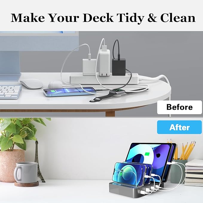 Charging Station for Multiple Devices - 4-Port 20W PD USB-C Charger for iPhone iPad Smartphones Tablets,Universal Compatibility, Detachable Baffle Design