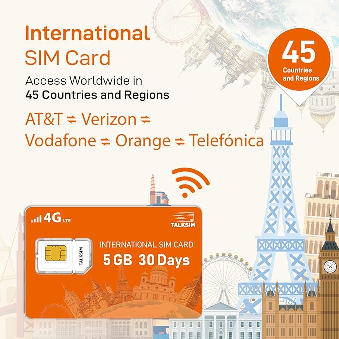 5GB Data for 30 Days International SIM Card, 4G LTE Coverage Across 45 Countries (USA, UK, Europe, Asia, Africa), Prepaid Travel SIM Data Only for Unlocked Phones, Tablets, Hotspots – No Contract