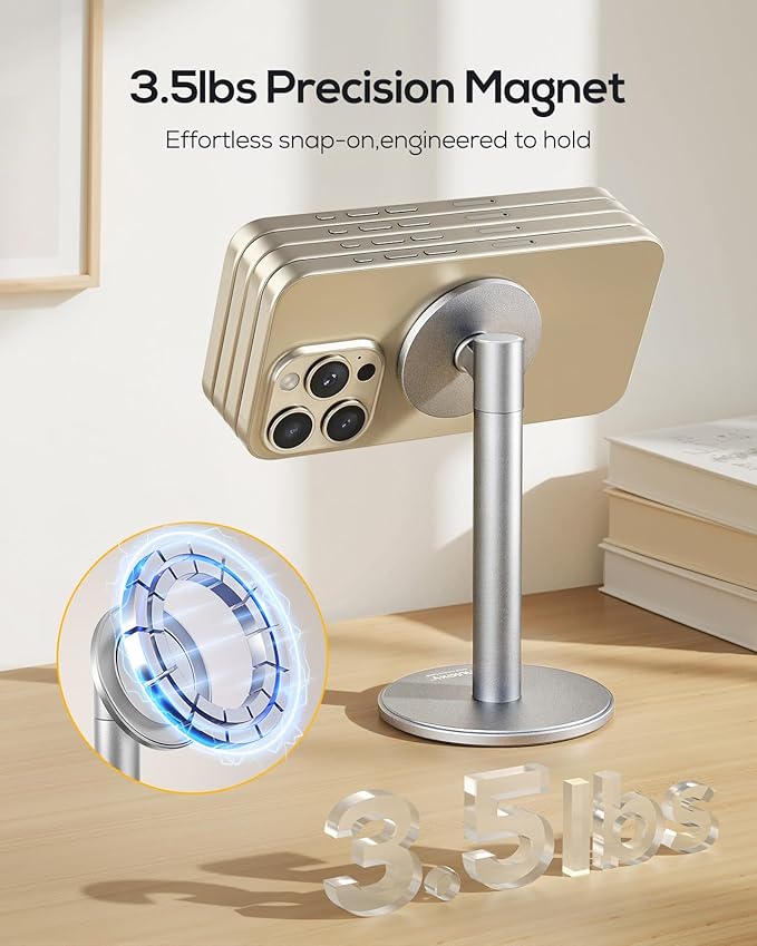 Nulaxy Magnetic Full Aluminum Phone Stand, 360 Rotating Cell Phone Stand for Desk with Metal Ring, Adjustable Phone Holder Compatible with Phone 17 16 15 14 13 Pro Max and MagSafe Case, Silver