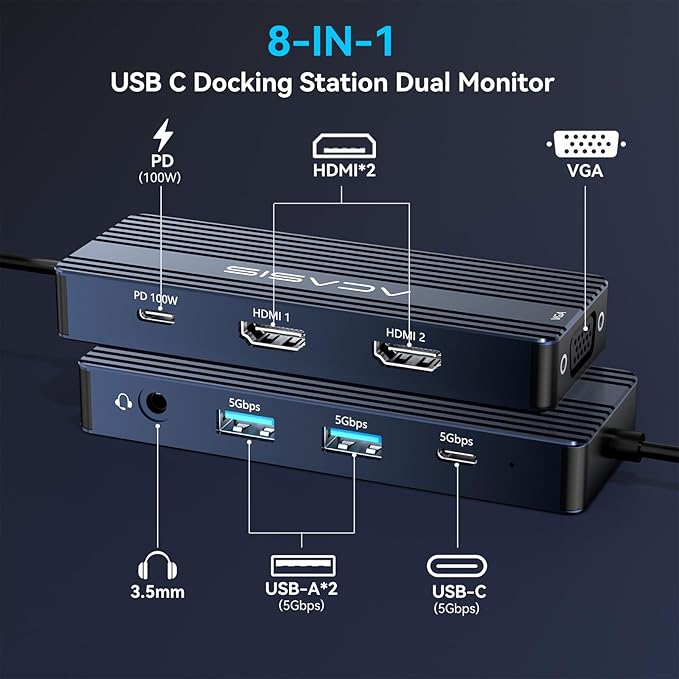 ACASIS USB C Docking Station Dual Monitors,8-in-1 Laptop Docking Station with Dual HDMI +VGA +2 * 5G USB-A/C+3.5MM Audio+PD100W, USB C HUB multiport Adapter for Dell/HP/Lenovo ThinkPad（Gray）