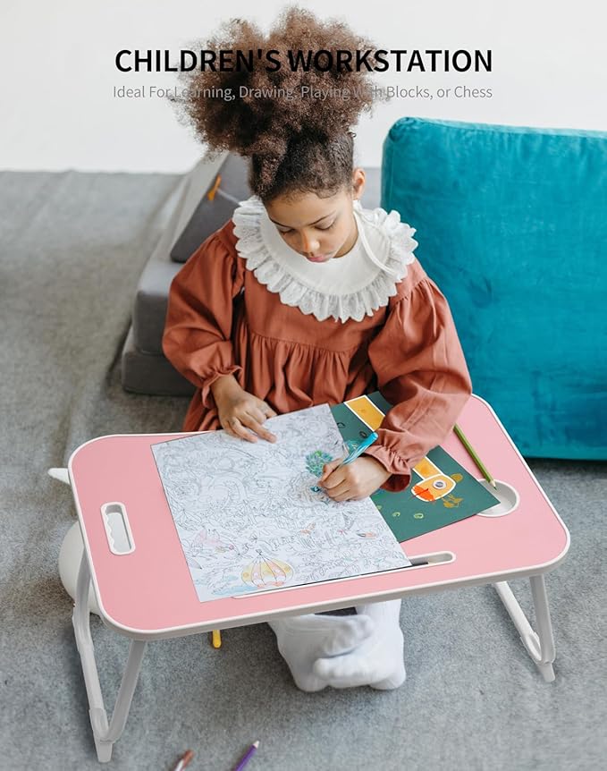Laptop Bed Desk, Foldable Lap Table, Portable Study Table, Laptop Stand with Cup Holder & Tablet Slot & Lifting Handle for Working Writing Drawing & Eating - Pink