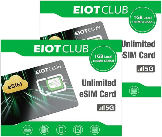 EIOTCLUB (2 Pack) eSIM Card, Unlimited Downloads Physical Card, 5G Travel for USA/Europe/200+ Countries Worldwide, Compatible With Unlocked Phones and Routers