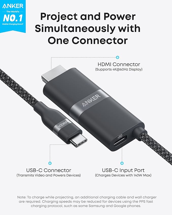 Anker Nano USB C to HDMI Cable Adapter with 140W PD Fast Charging Port,4K@60Hz,Sustainable with Advanced Shielding,Thunderbolt 5/4/3 Compatible,for MacBook,iPhone,HD TV(3FT,Black)