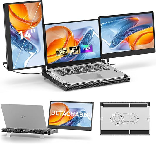 14" Laptop Screen Extender Smart Base - Upgraded Triple Portable Monitor FHD 1080P -300% More Efficient, 360° Rotation/Detachable Dual Display, Plug-Play USB C/HDMI,Laptop Monitor Extender for Win/Mac