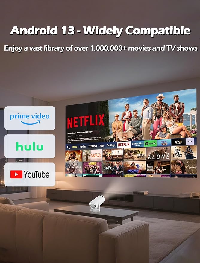 Mini Projector Support 4K, 200 Ansi Outdoor & Home Movie Portable Projector with Wifi6 and 5.0 Bluetooth, Automatic Keystone Correction, 180°Rotatable, Compatible with HDMI USB PC Laptop