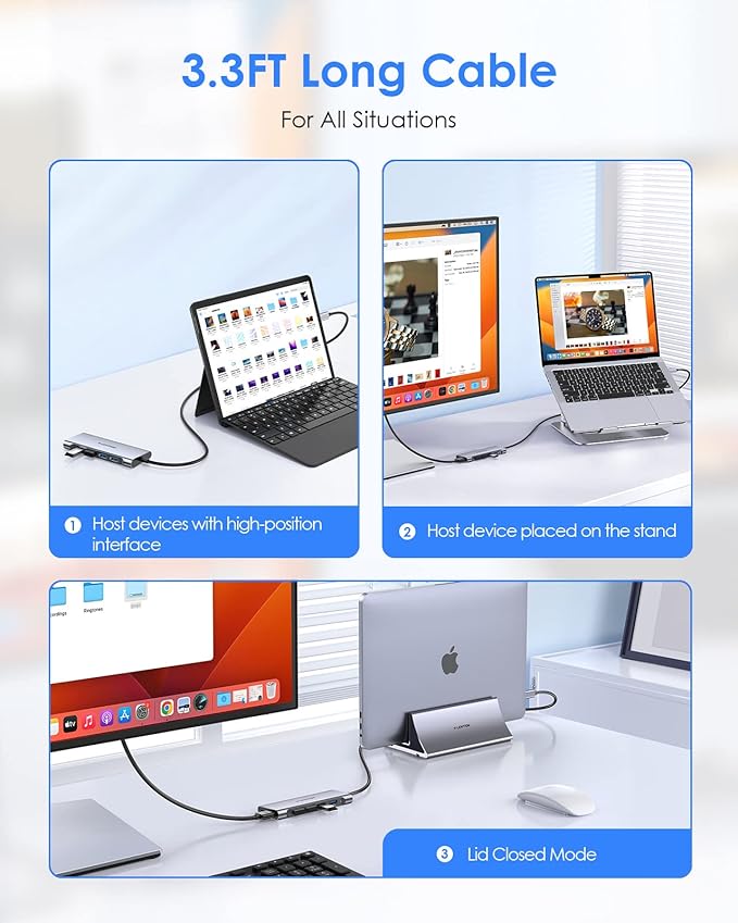 LENTION 3.3FT Long Cable USB C Multiport Hub with 4K HDMI, 4 USB 3.0, Type C Charging Compatible 2024-2016 MacBook Pro, New Mac Air/iMac/Mac Mini, More, Stable Driver Adapter (C35-1M, Space Gray)