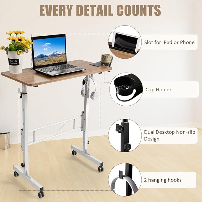 SIDUCAL Small Standing Desk Adjustable Height, Small Mobile Stand Up Desk with Wheels, Rolling Desk for Standing or Sitting, Portable Computer Desk for Walking Pad