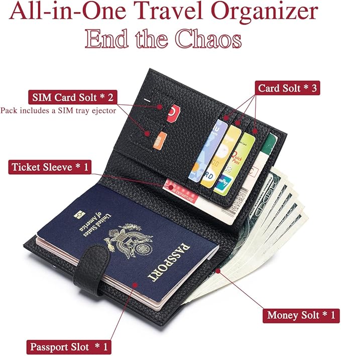 RFID Blocking Passport Holder for Travel – Passport Wallet for Women with Card Slots, Coin Pocket, SIM Card Slot – Slim Genuine Leather Travel Organizer Gift (Black)