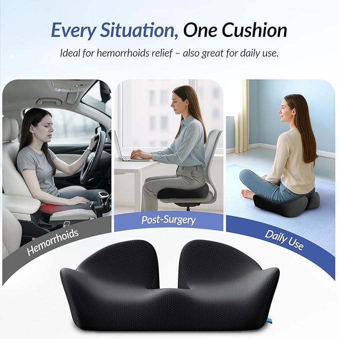 ZIKEE Thickened Seat Cushion, Ergonomic Memory Foam Hemorrhoid Pillow for Hip, Sciatica, Long Sitting Relief, 6.0" Thick Office Chair Cushion with Widened Cutout for Tailbone Pain Relief in Car, Home