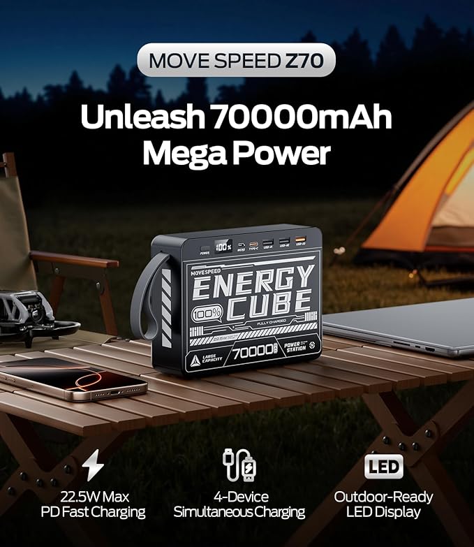 MOVE SPEED 70000mAh Power Bank for Camping, 22.5W Max PD 3.0 Fast Charging External Portable Charger, 4 Outputs 2 Inputs High Capacity USB C Battery Pack with LED Display for Phone Tablet Outdoor