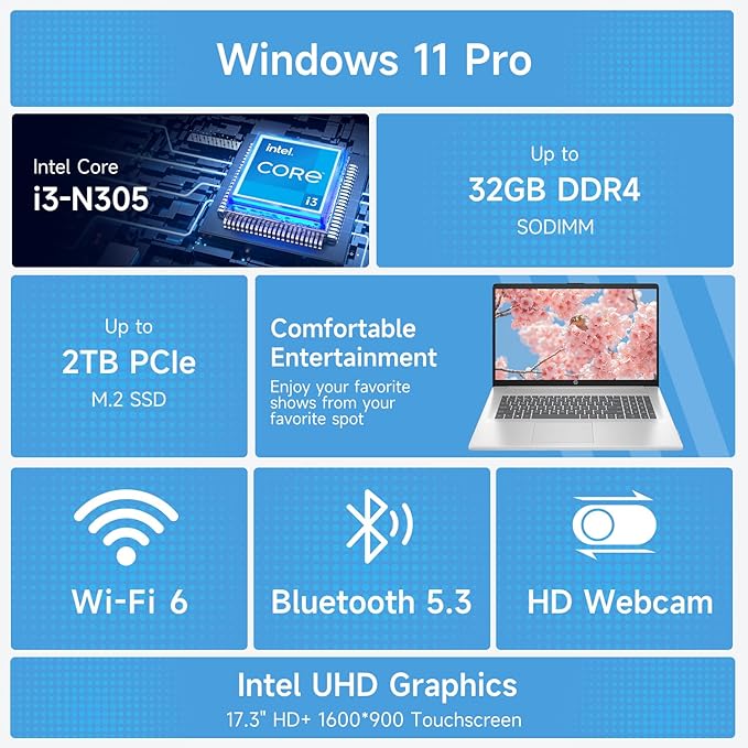 HP High-Performance 17.3" Laptop, 17.3" HD+ Touchscreen, 8-Cores Intel i3-N305, 16GB RAM, 128GB eMMC + 1TB PCIe SSD, Webcam, HDMI, Numeric Keypad, Wi-Fi 6, Windows 11 Pro, Silver