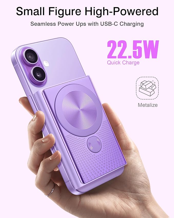 Kesguar Magnetic Portable Charger, 10000mAh 22.5W PD Super Fast Charging Wireless Power Bank. Ultra-Strong Magnet, USB C in&Out Battery Pack for Magsafe, iPhone 17/16/15/13/12 Pro Series, Purple