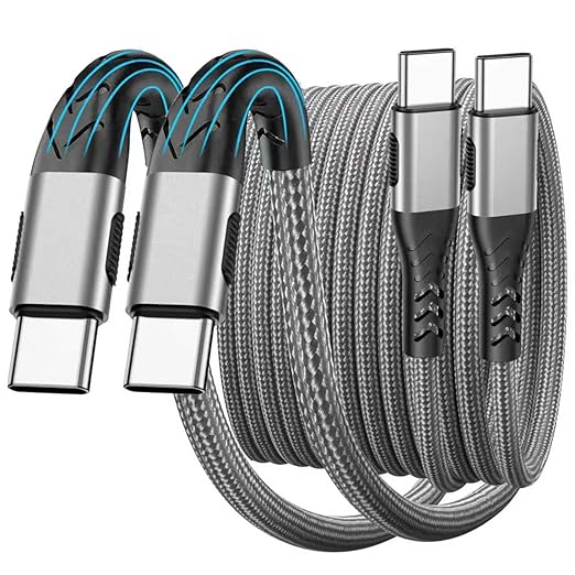 2Pack USB C to USB C Cable, 10FT 100W Fast Charging Cable, 5A Type C Charger Cord Nylon Braided, Anti - Slip USB C Cord Compatible with i Phone 17 16 15 Pro Max, Samsumg G Alaxy, i Pad- Grey