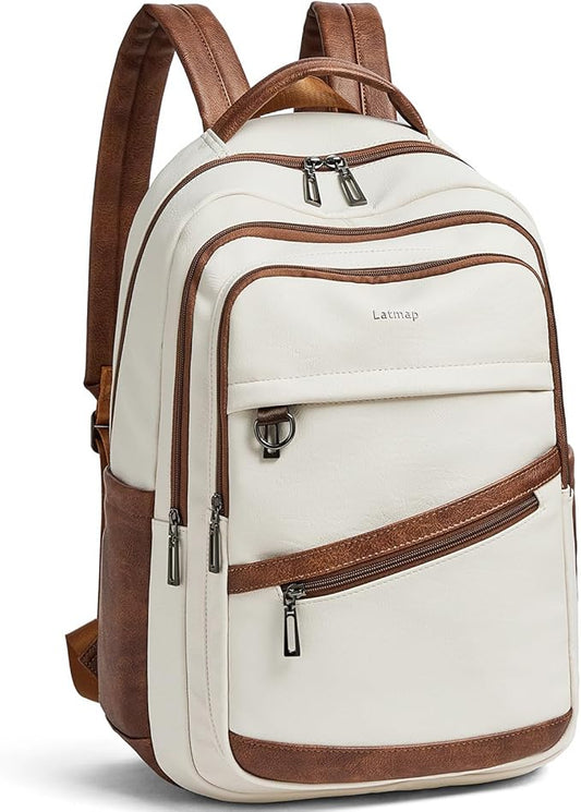 43L Backpack for Women Men - Vegan Leather Backpack Purse Travel Carry-on Bag College Bookbag Work fits 17" Laptop, Beige