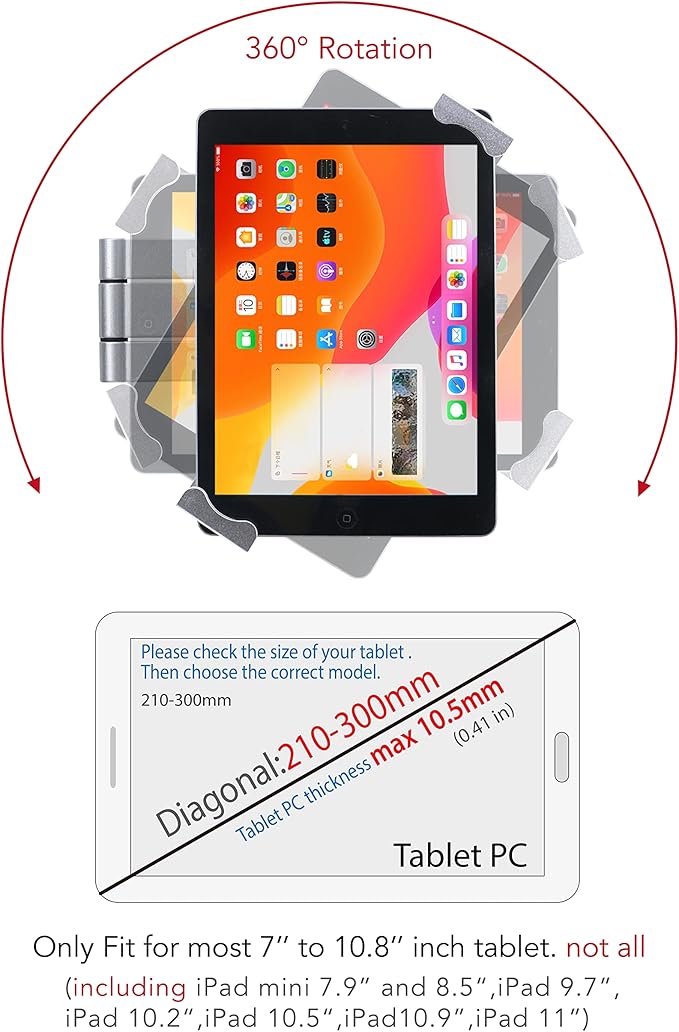 Tablet Wall Mount Holder with fold,Extend Adjustable Arm Swivel &Anti Theft Security Lock &Key, Multi Angle,Bracket for Most 7 to10.8 Inch,for iPad 10.9&11,Galaxy tab,& More(Silver)