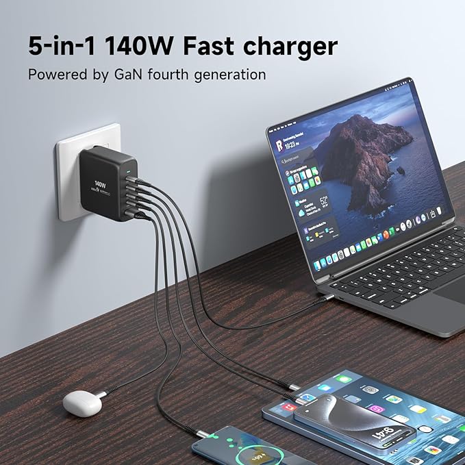 140W USB C Wall Charger Fast Charging Station, 5-Ports with 4 USB-C Ports +1 USB-A Ports PD & QC 3.0 Fast Charging, Adapter for MacBook Pro/Air,iPhone 17/16/Pro/Samsung Galaxy and More